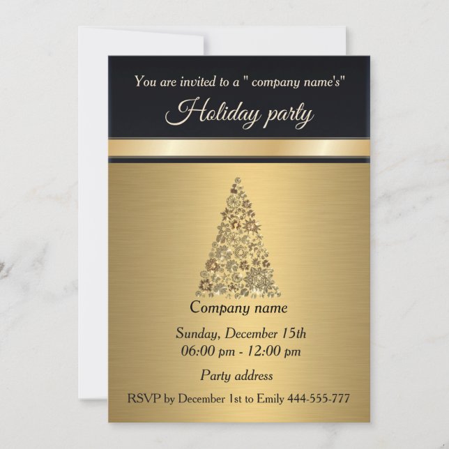 Elegant trendy gold black holiday party corporate invitation (Front)