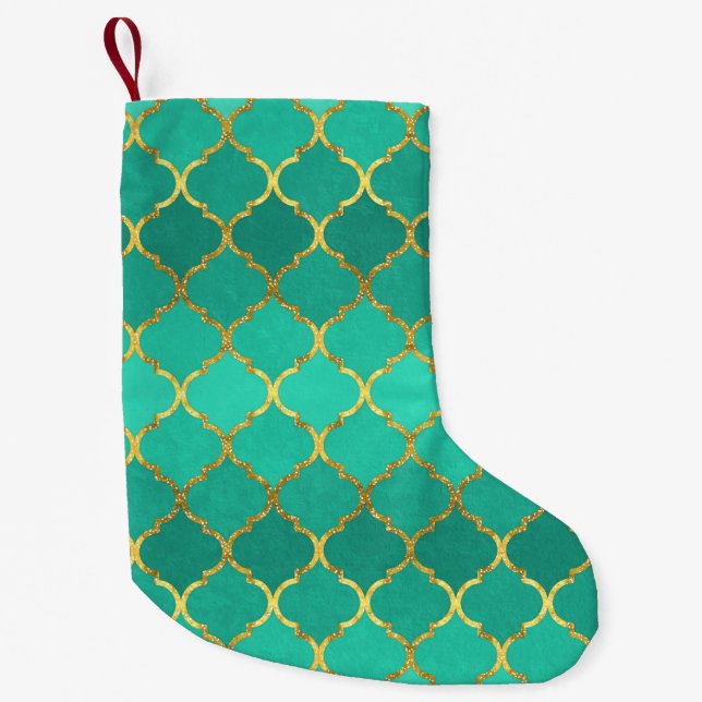 Elegant trendy gold faux glitter quatrefoil small christmas stocking (Front)