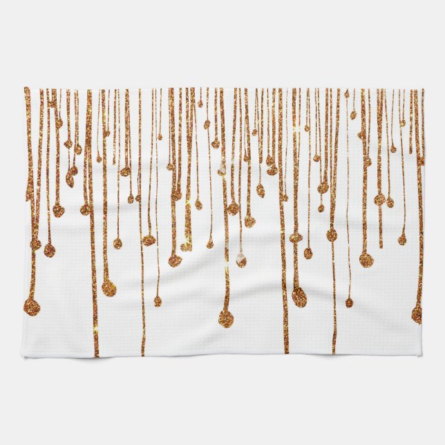 Elegant trendy gold faux glitter water drops tea towel (Horizontal)