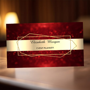 Elegant Trendy Gold Geometric ,Frame, Red Bokeh Business Card