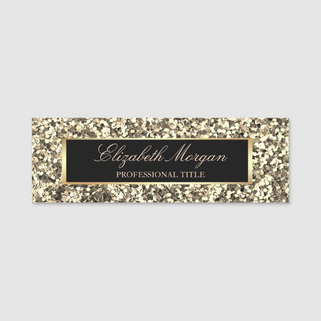 Elegant Trendy Gold Glitter, Frame Name Tag (Front)