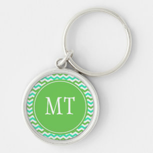 elegant, trendy green chevron zigzag  monogram key ring