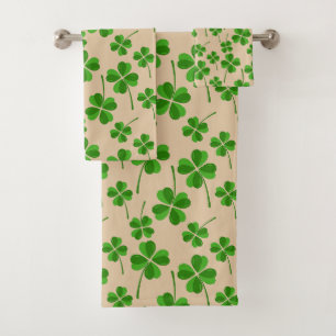 Elegant Trendy Lucky Clover Leaves on Beige Bath Towel Set
