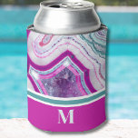 Elegant Trendy Modern Initial Monogram Can Cooler<br><div class="desc">Chic Modern Teal Fuchsia Agate Stone Monogram Can Cooler. Agate crystals and geodes continue to be a favourite trend! This print features and up close image of a teal or turquoise and purple pink or fuchsia geode stone, complete with little crystals and white banding. Accented with vibrant colour blocking to...</div>