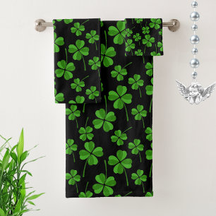 Elegant Trendy Modern Lucky Clover Leaves on Black Bath Towel Set