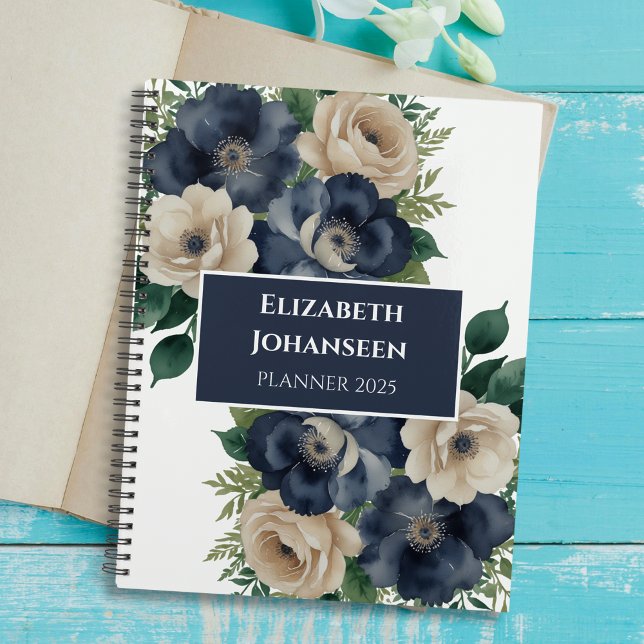 Elegant Trendy Navy Blue & Cream Floral Watercolor Planner (Creator Uploaded)