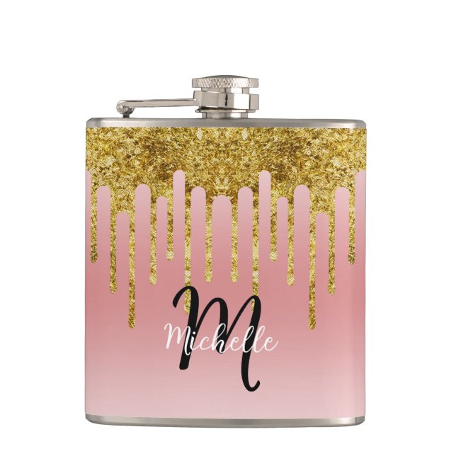 Elegant Trendy Pink Gold Glitter Monogram Initial Hip Flask (Front)