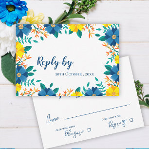 Elegant Trendy Pretty Yellow Blue Floral Wedding  RSVP Card