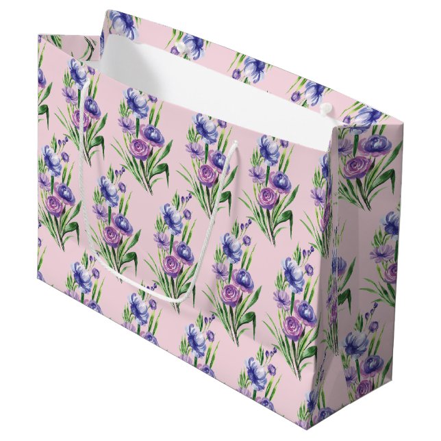 Elegant Trendy  Purple Blue Floral Pattern  Large Gift Bag (Front Angled)