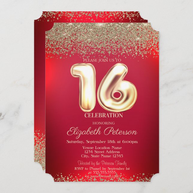 Elegant Trendy Red Gold Confetti Diamond Sweet 16 Invitation (Front/Back)