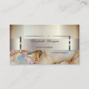 Elegant Trendy Stripe Silver Frame,Pearl Marble Business Card