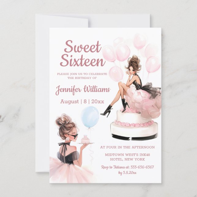 elegant trendy sweet 16 birthday girl pink party  invitation (Front)