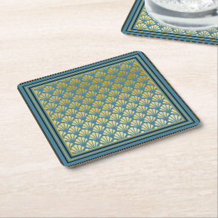 Elegant Trendy Teal Art Deco Fan Pattern Party Square Paper Coaster