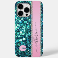 Elegant Trendy Teal Strip Glitter Monogrammed Name
