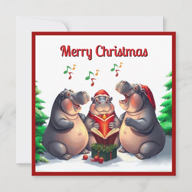 Elegant Trendy Watercolor Pine Trees Caroling Holiday Card (Front)