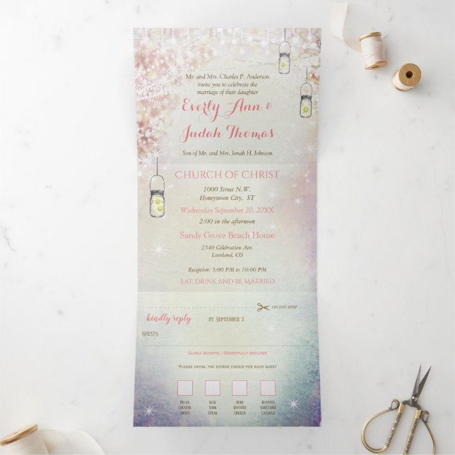 Elegant Tri-Fold Heart Leaf Wedding Includes RSVP Invitation (Inside)