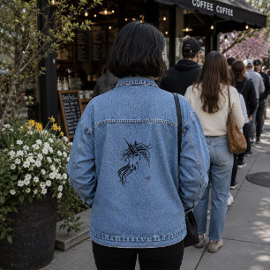 Elegant Tribal Unicorn Black Ink Fantasy Denim Jacket