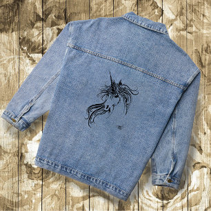 Elegant Tribal Unicorn Black Ink Fantasy Denim Jacket