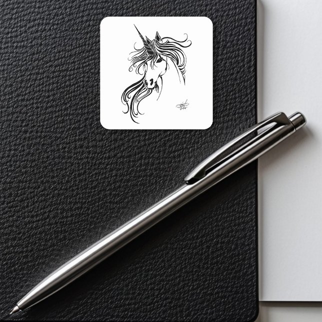 Elegant Tribal Unicorn Black Ink Fantasy  Square Sticker (Creator Uploaded)