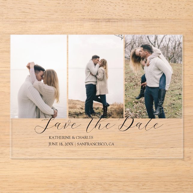 Elegant Trio | Multi Photo Save  the date Acrylic Invitations (Front)