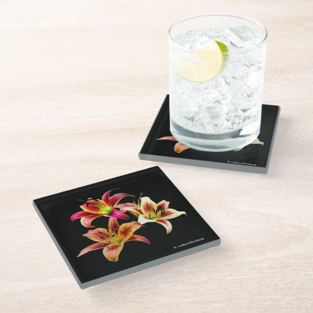Elegant Trio of Yellow Pink Daylilies Floral Glass Coaster (Angled)