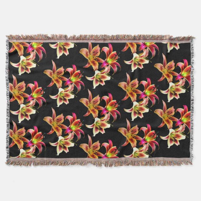 Elegant Trio of Yellow Pink Daylilies Floral Throw Blanket (Front)