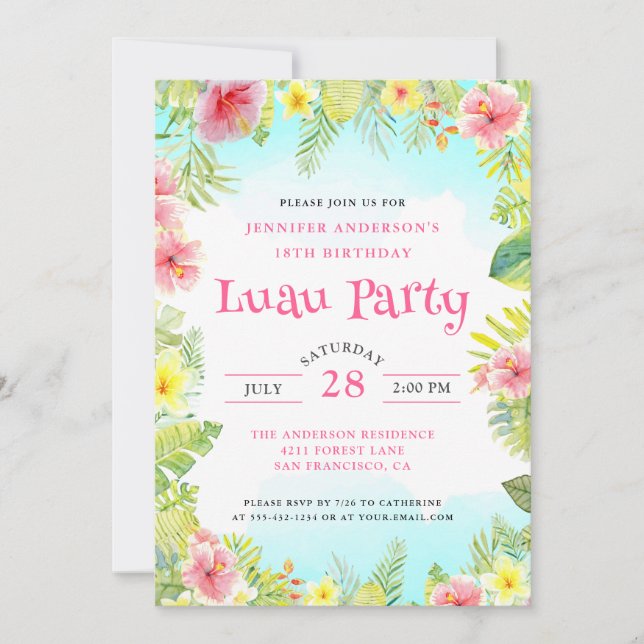 Elegant Tropical Aloha Luau Birthday Party Pink Invitation (Front)