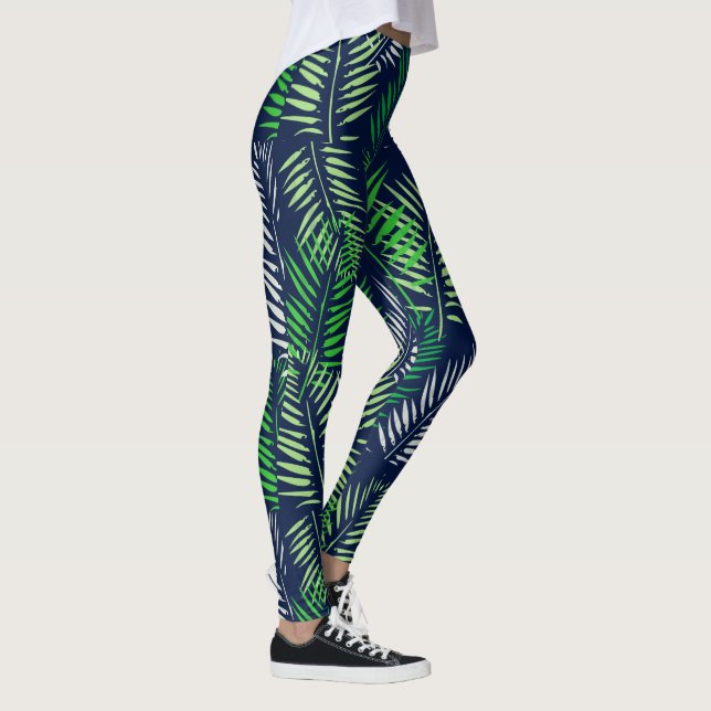 Elegant Tropical and Navy Palm Leaf Pattern Yoga Leggings (Right)