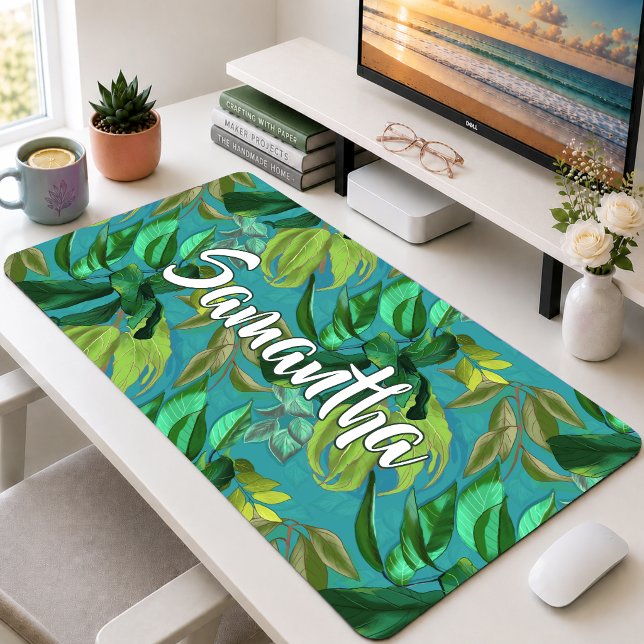 Elegant Tropical Aqua Green Leaves Pattern Monogra Desk Mat (Creator Uploaded)