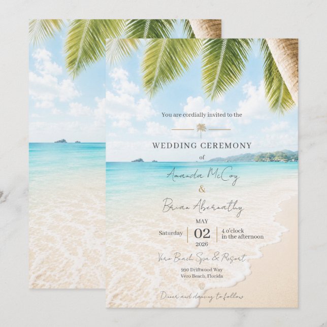 Elegant Tropical Beach Wedding Invitation (Front/Back)