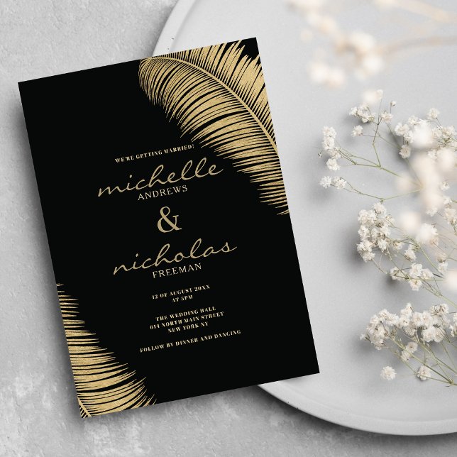 Elegant tropical black and gold leaves wedding invitation (Elegant tropical black and gold leaves wedding)