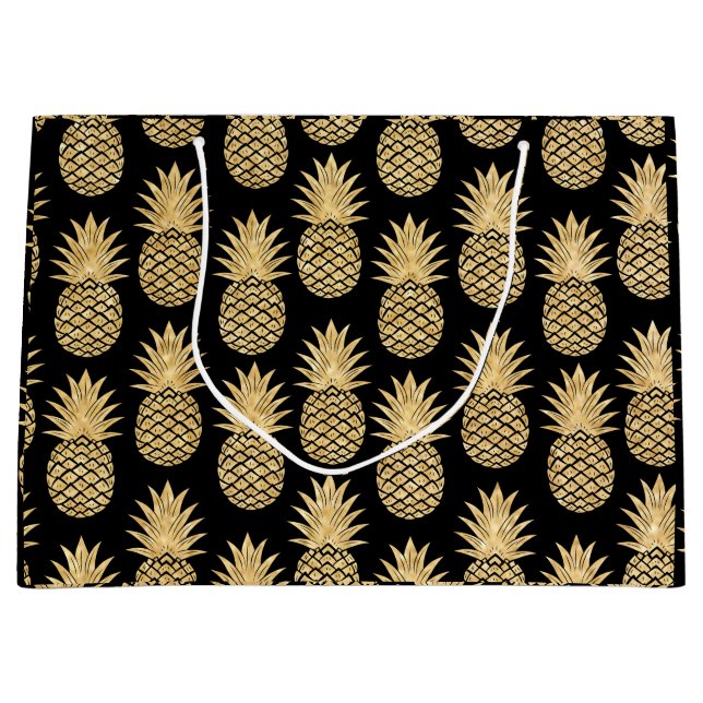Elegant Tropical Black and Gold Pineapple Pattern Large Gift Bag (Front)