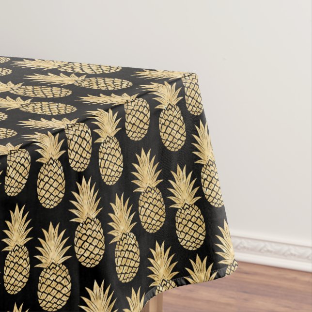 Elegant Tropical Black and Gold Pineapple Pattern Tablecloth (In Situ)