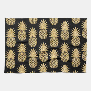 Elegant Tropical Black and Gold Pineapple Pattern Tea Towel