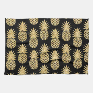 Elegant Tropical Black and Gold Pineapple Pattern Tea Towel
