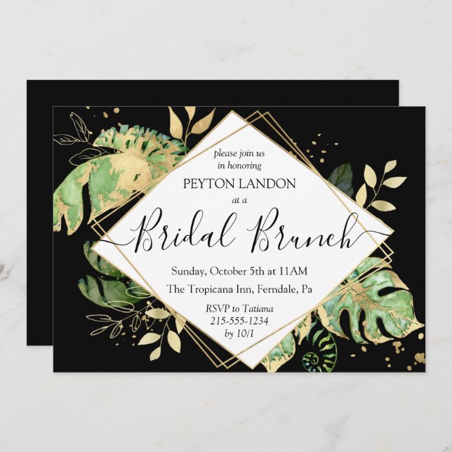 Elegant Tropical Black & Gold Bridal Brunch Shower Invitation (Front/Back)