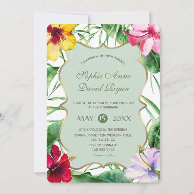Elegant Tropical Bloom Hibiscus Gold Wedding Invitation (Front)