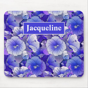 Elegant Tropical Blue And White Hibiscus Flower Mouse Pad