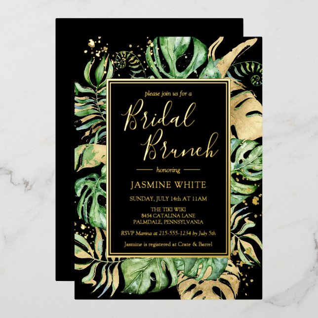 Elegant Tropical Bridal Brunch Shower Black & Gold (Front/Back)
