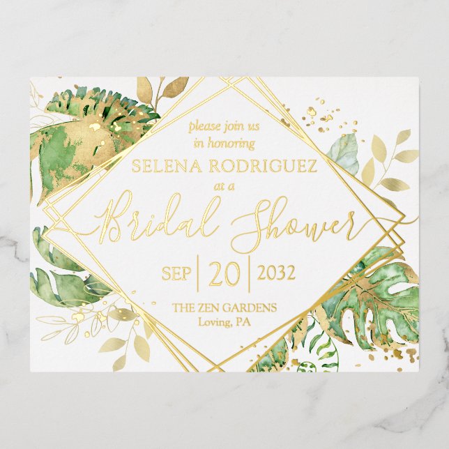 Elegant Tropical Bridal Shower Gold Foil Invitation Postcard (Front)
