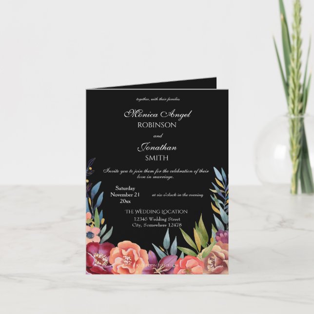 Elegant Tropical Burgundy Black Wedding Folded Invitation (Front)
