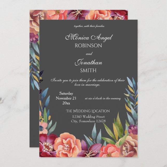 Elegant Tropical Burgundy & Blush Grey Wedding V2 Invitation (Front/Back)