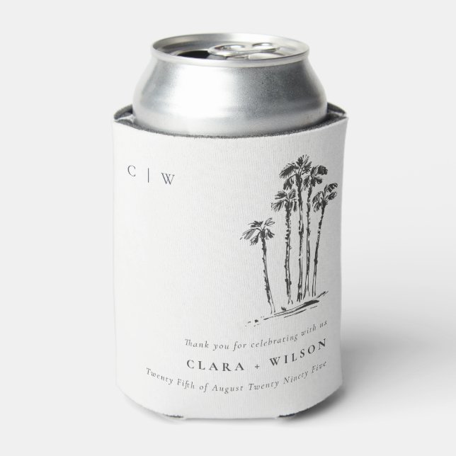 Elegant Tropical Coastal Palm Tree Sketch Wedding Can Cooler (Can Front)