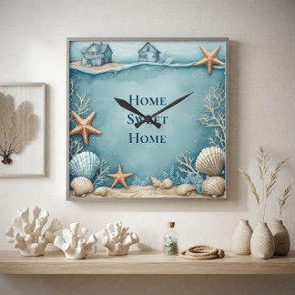 Elegant Tropical Coastal Starfish Aqua Beach House Square Wall Clock