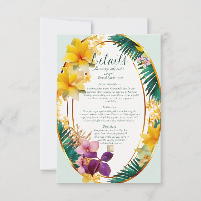 Elegant Tropical Destination Wedding Details RSVP Card (Front)