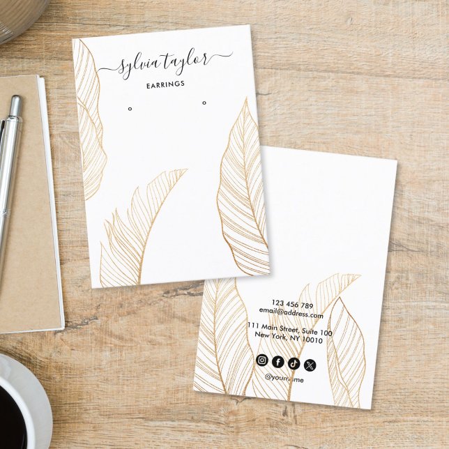Elegant Tropical Earring Frame Display Add Logo Business Card (GOLD TROPICAL LEAVES, EARRING DISPLAY CARD)