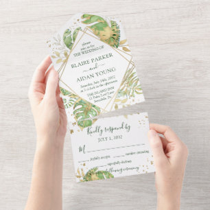 Elegant Tropical Emerald Green & Gold Wedding All In One Invitation