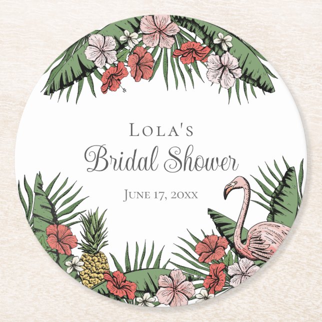 Elegant Tropical Flamingo & Hibiscus Bridal Shower Round Paper Coaster (Front)