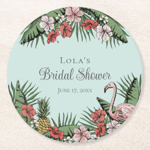 Elegant Tropical Flamingo & Hibiscus Bridal Shower Round Paper Coaster