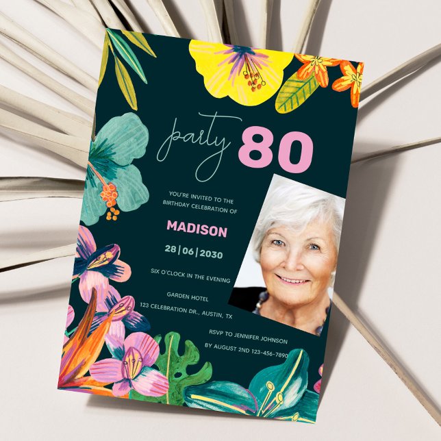 Elegant Tropical Floral 80th Birthday Party Photo Invitation (Creator Uploaded)